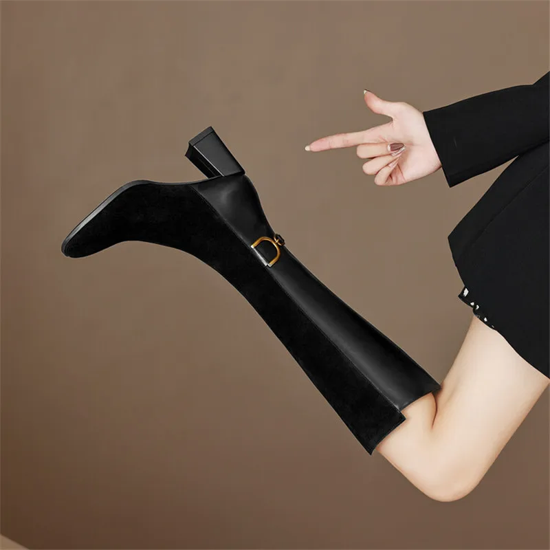 Knee-High Boots Women Autumn Winter Shoes Cow Suede Square Toe Women Boots Chunky Heel Boots for Women High Heel Knight Boots