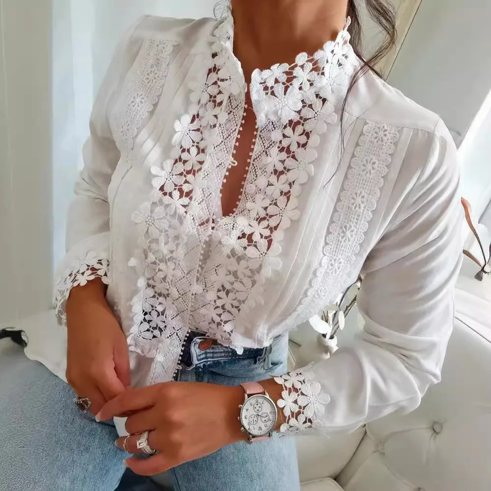 Women White Lace Floral Splicing Long Sleeve Shirt Blouse Top Fashion Casual Hollow Out Sexy Shirts