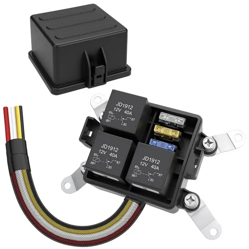 llcs-12v-3-way-pre-wired-fuse-relay-box-4-pin-40a-relay-block-and-kit-3-relays-and-3-atc-ato-blade-fuses-for-cars-boats