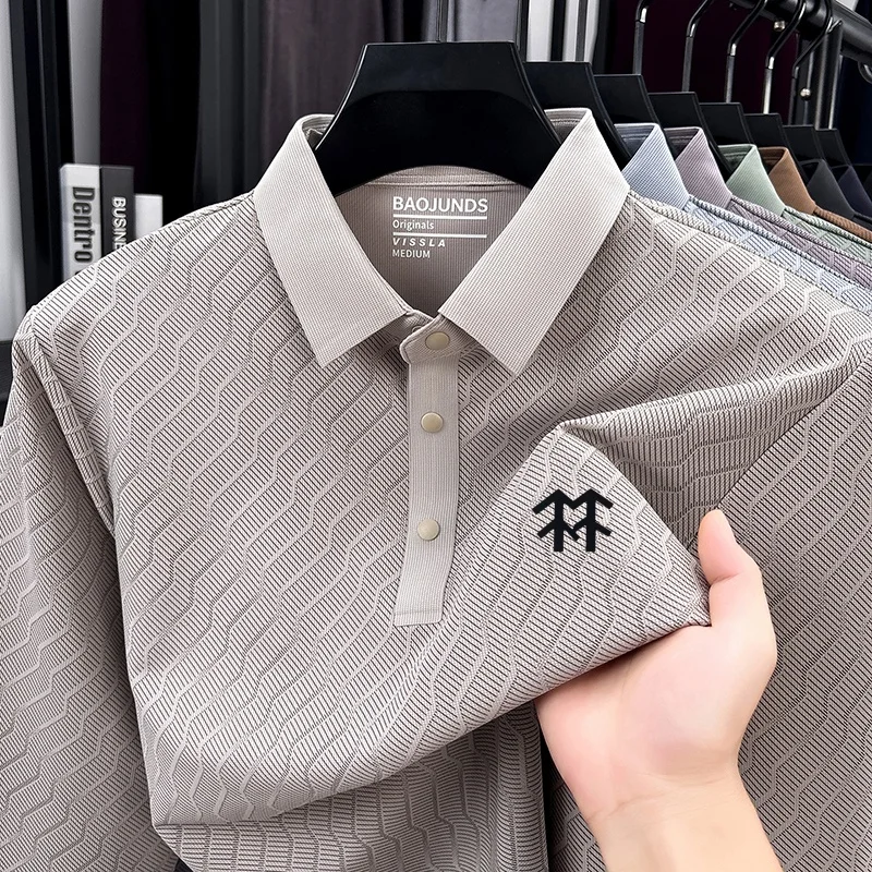 High End Quality Men's Textured Polo Shirt Comfortable Autumn Lapel Solid Color Long Sleeved T-Shirt Business Commute Men's Wear