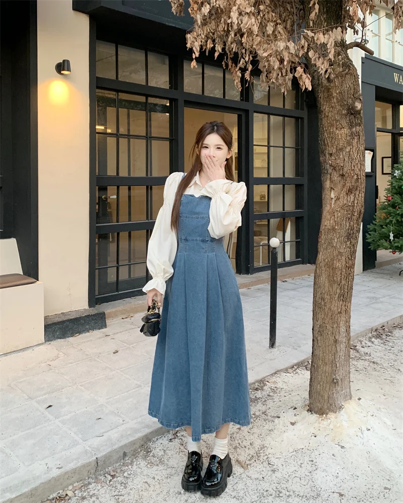 

Elegant Two-piece Set For Women Flared Sleeve Blouse Tops And Blue Denim Sling Dress Large Size Female Spring Autumn Loose Suits