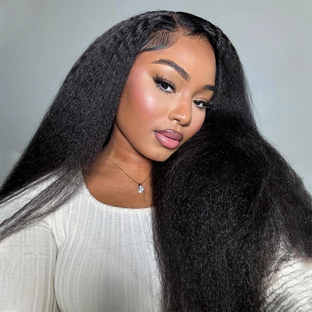 

Накладной парик Yaki Straight Kinky Straight V-образной формы, улучшенная версия, без клея, готовый к носке, из натуральных волос Реми, без кружевной основы, для женщин