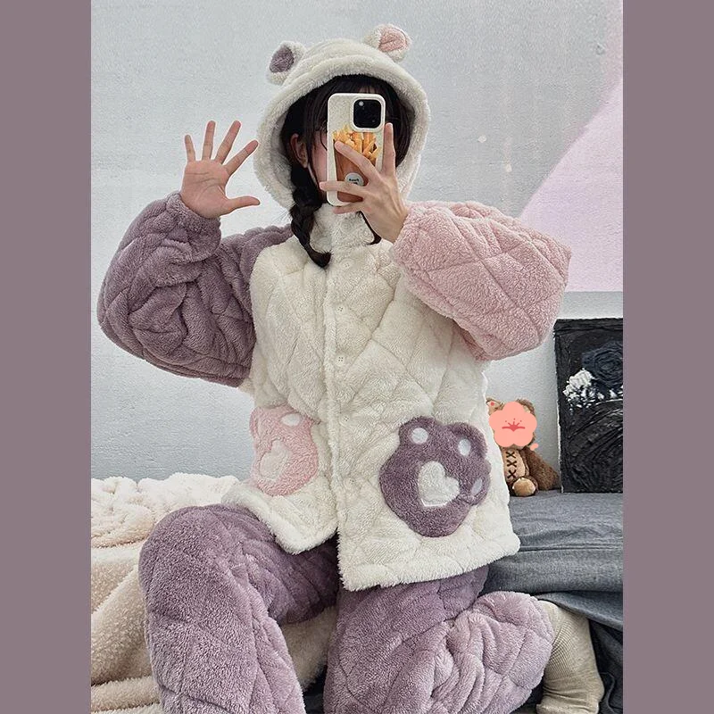 

Women's pajamas Comfortable Sleepwear Cotton Pajama Set winter autumn Quilted Coral Fleece Heart Print Warm Thick Home Suit