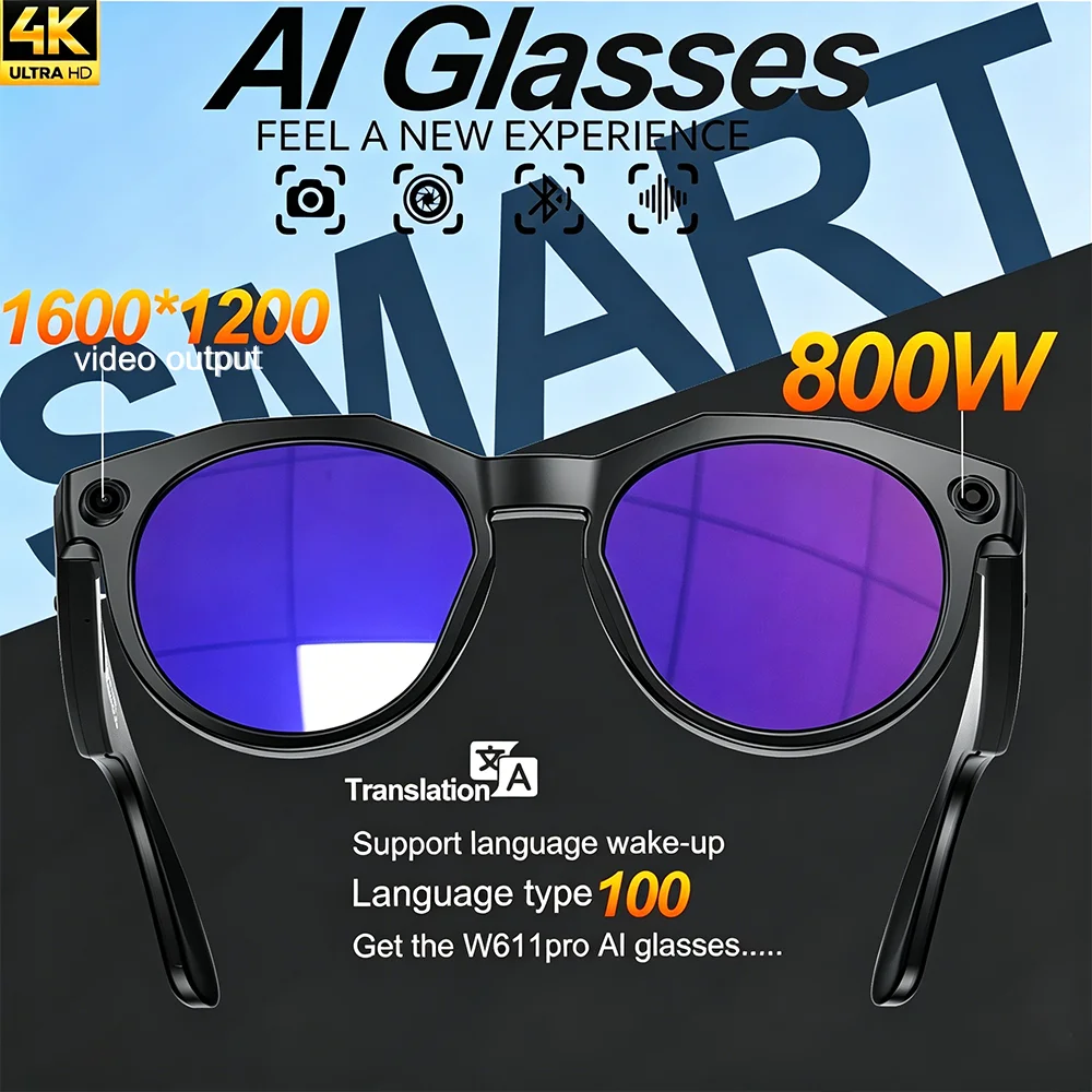 

Bluetooth Call Smart Eyeglasses 800W Pixel Video Recording 100+ Language Translatio Object Recognition Smart AI Photo Glasses