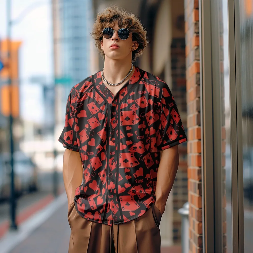 

Men Baseball Jersey Black Red Ace Print Lightweight Streetwear Breathable Trendy Vintage Youth Summer Minimalist Unisex Outfits