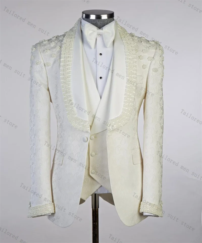 

White Men Suits Set 2 Pieces Blazer+Pants Trousers Beaded Crystals Wedding Tuxedos Jacket Formal Business Office Groom Coat