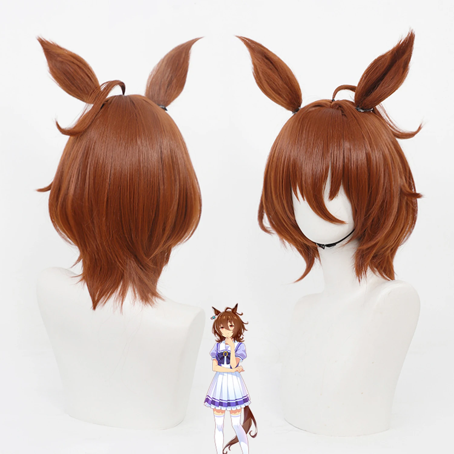Umamusume Pretty Derby Cosplay Wig Agnes Tachyon Anime Wig with Ears Tail, Pre-styled Heat Resistant Synthetic Wig for Halloween