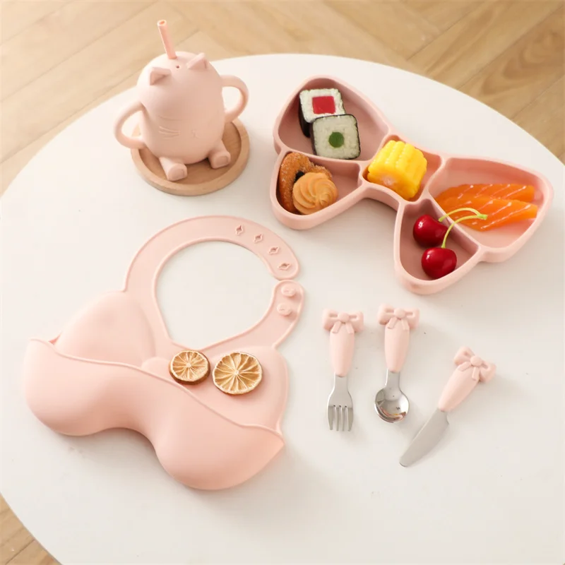 6Pc-Set Cute Baby Silicone Bow Tableware Spoon Set for Plate Cup Children's Bib Fork Sets Non-slip Infant Supplies Feeding Bowls