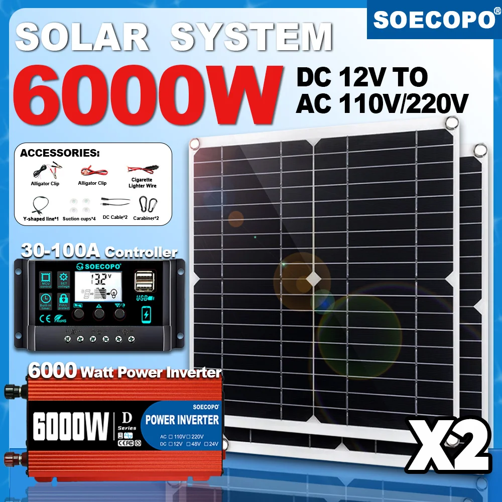 

SOECOPO 6000 Вт Off Grid Солнечная система Домашний контроллер 100 А постоянного тока 12 В - инвертор переменного тока 110 В/220 В Полный солнечный комплект для дома USB 5 В/1,5 А