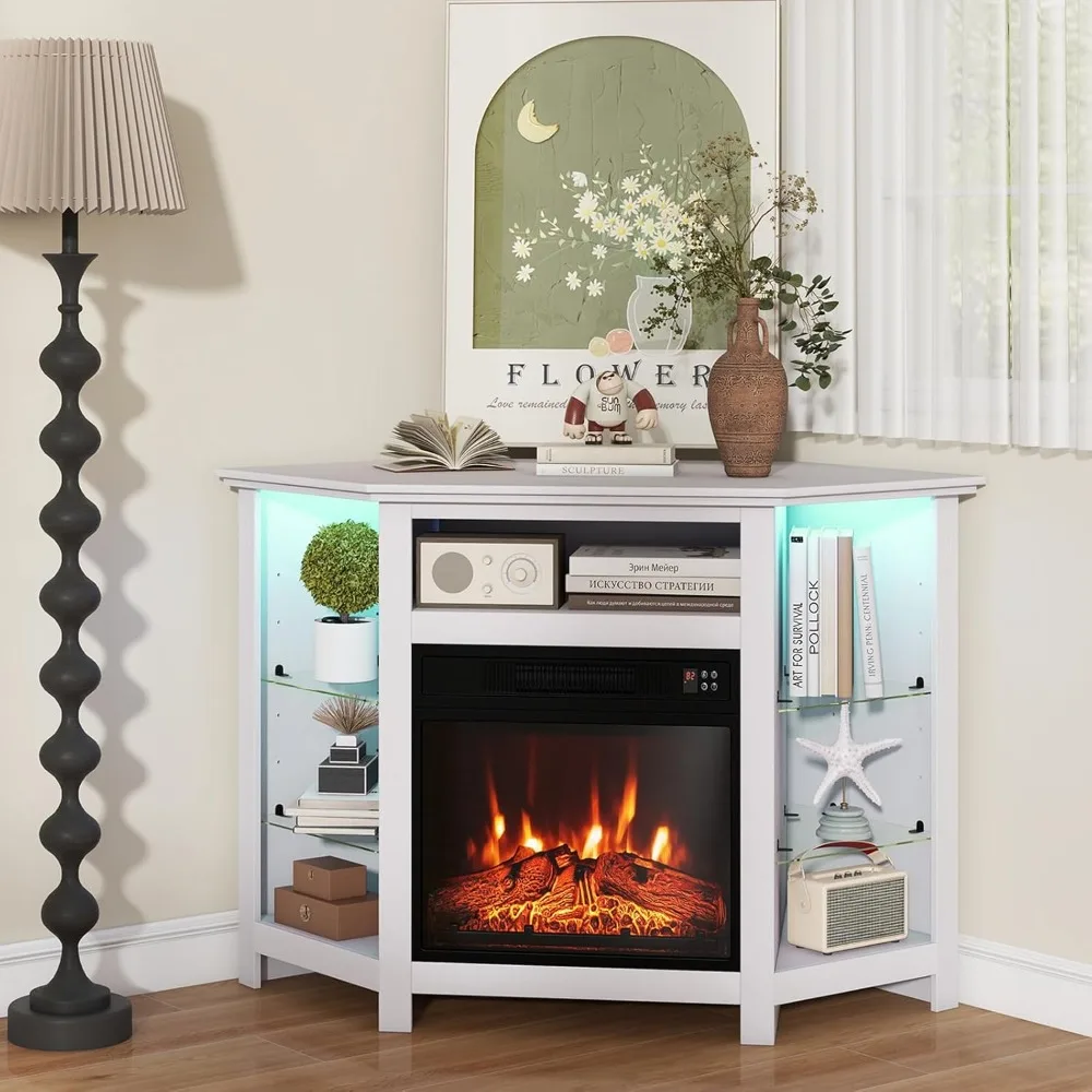 Soporte para TV con chimenea de esquina, centro de entretenimiento con chimenea eléctrica con inserto calefactor, luces LED
