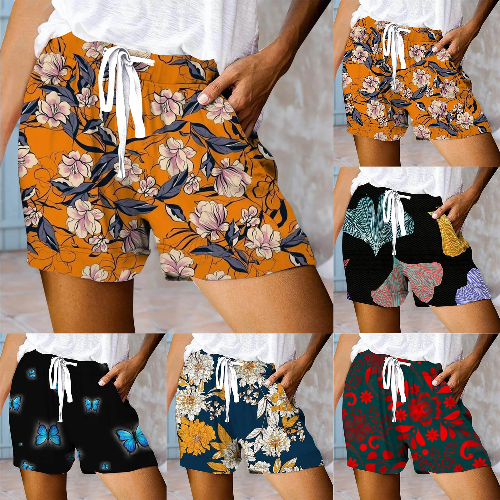 Women Comfy Shorts Drawstring Splice Female Sports Shorts Casual Elastic Waist Pocketed Loose Print Shorts Plus Size Shorts