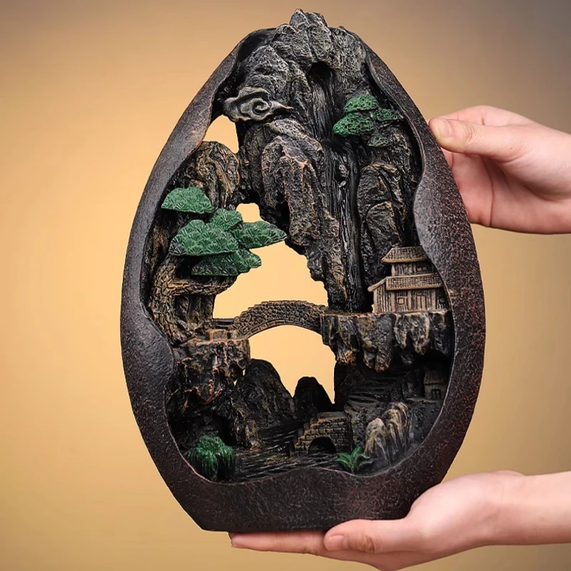 1pc Zen Buddha Resin Ornament Landscape Waterfall Backflow Incense Stove Home Decor Censer Without Incense