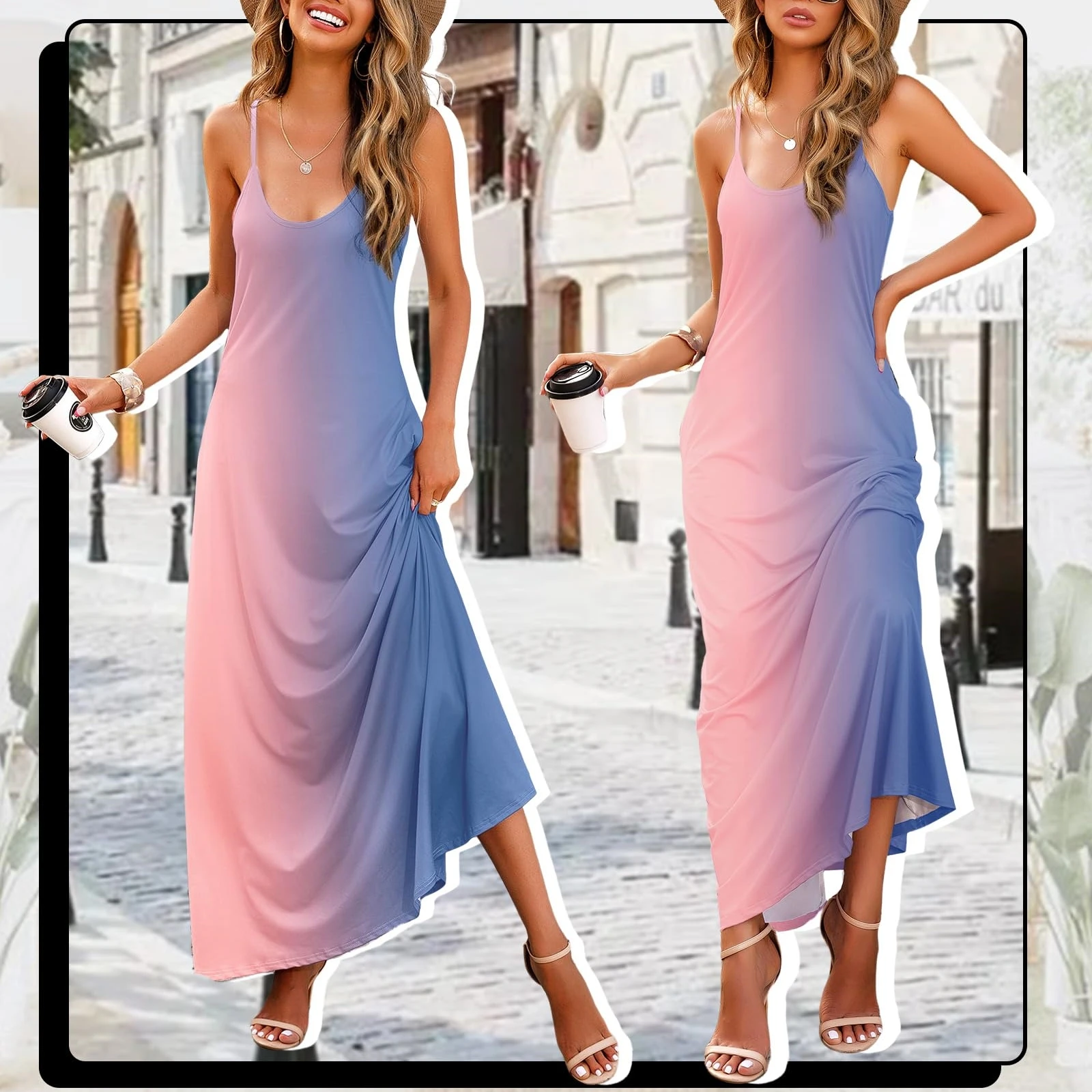 Damska letnia luźna sukienka bez rękawów Casual Spaghetti Strap Maxi Dress Oversized Clashing Colors Printed Beach Long Dress