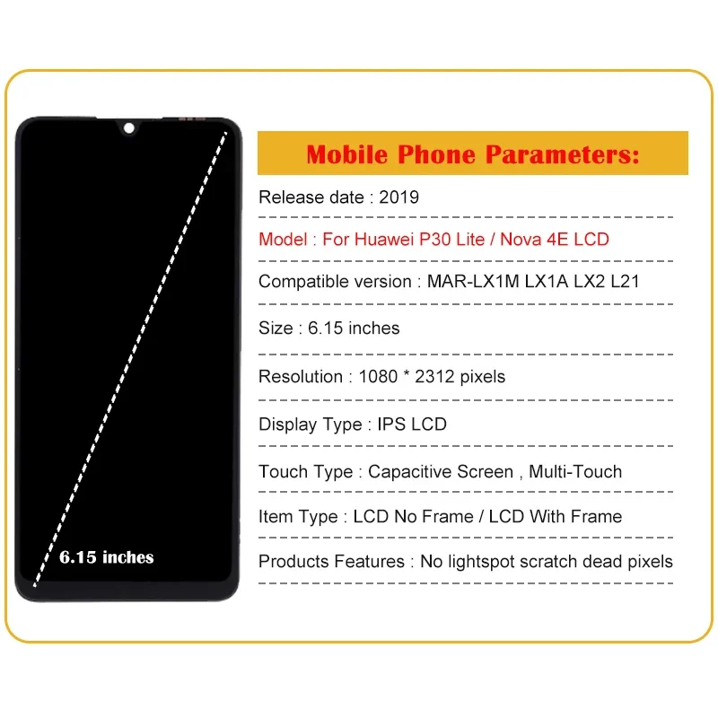 6.15'' for HUAWEI P30 Lite LCD Display Touch Screen Digitizer Replacement With Frame For Huawei Nova 4e LCD MAR-LX1 MAR LX2 AL01