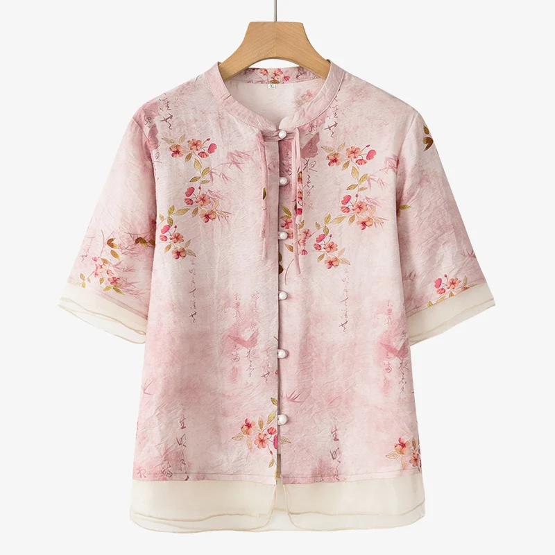 New Chinese Style Printed Tang Suit Traditional Casual Uniform Summer Short Sleeved Cardigan Pants Outfit Vintage Button Hanfu