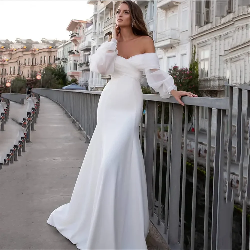 

Simple Satin Mermaid Wedding Dresses Long Fuff Sleeve Sexy Lace Beach Bride Dress Off The Shoulder Bridal Gowns