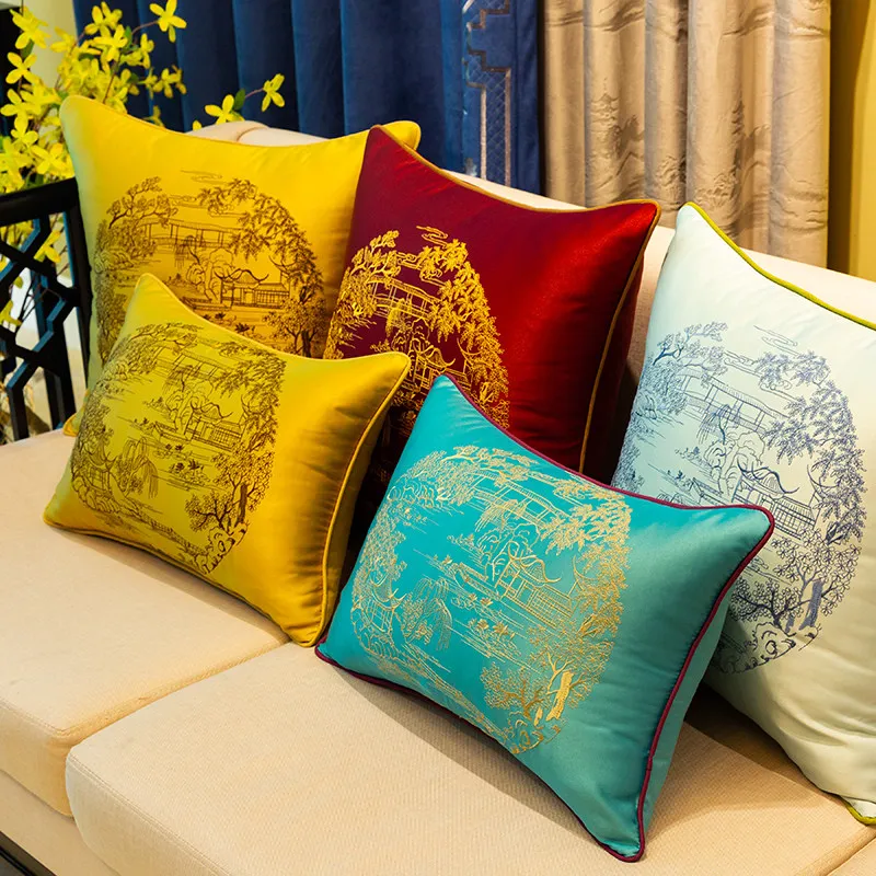 Chinese Traditional Landscape Brocade Pillow Cover Set | Luxury Gold Embroidery Palace Style Cushion Cases | Multi-Color Sofa