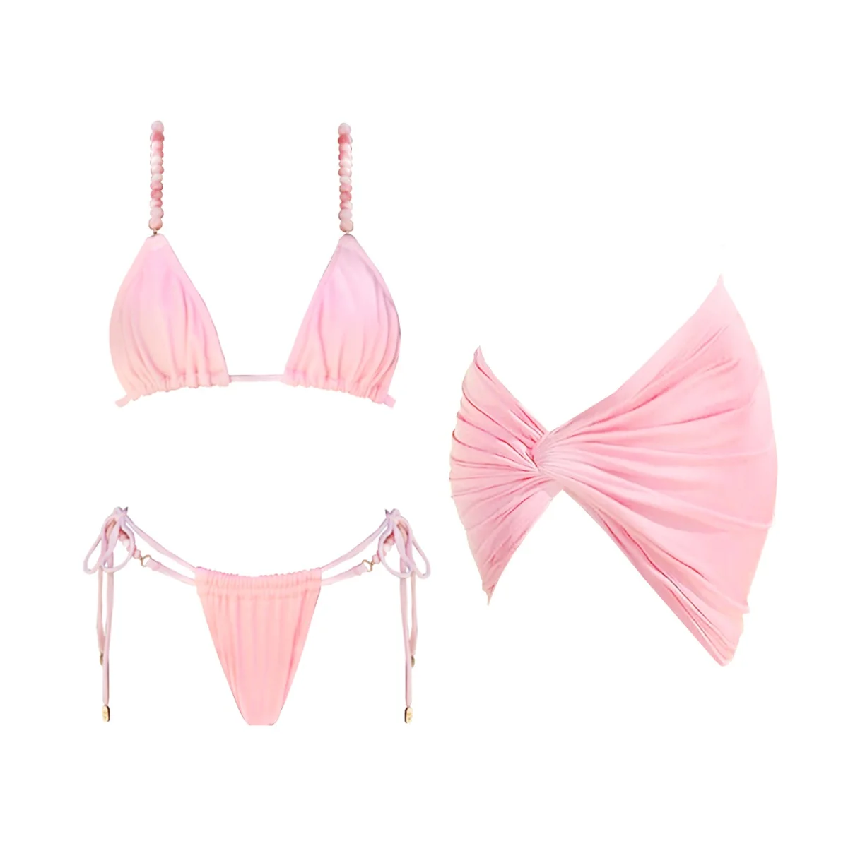 3Pcs Pink Beads Bikini Set Sexy Women Swimsuit Push Up Swimwear Bandeau Biquini Female Mini Skirt Bathing Suit Beach Outfit