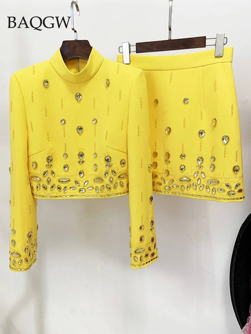 Autumn Women\'s Fashion Sexy Diamond Beaded Zipper Short Top + Skirt Yellow Two Piece Suit Set High Quality Luxury Matching Sets