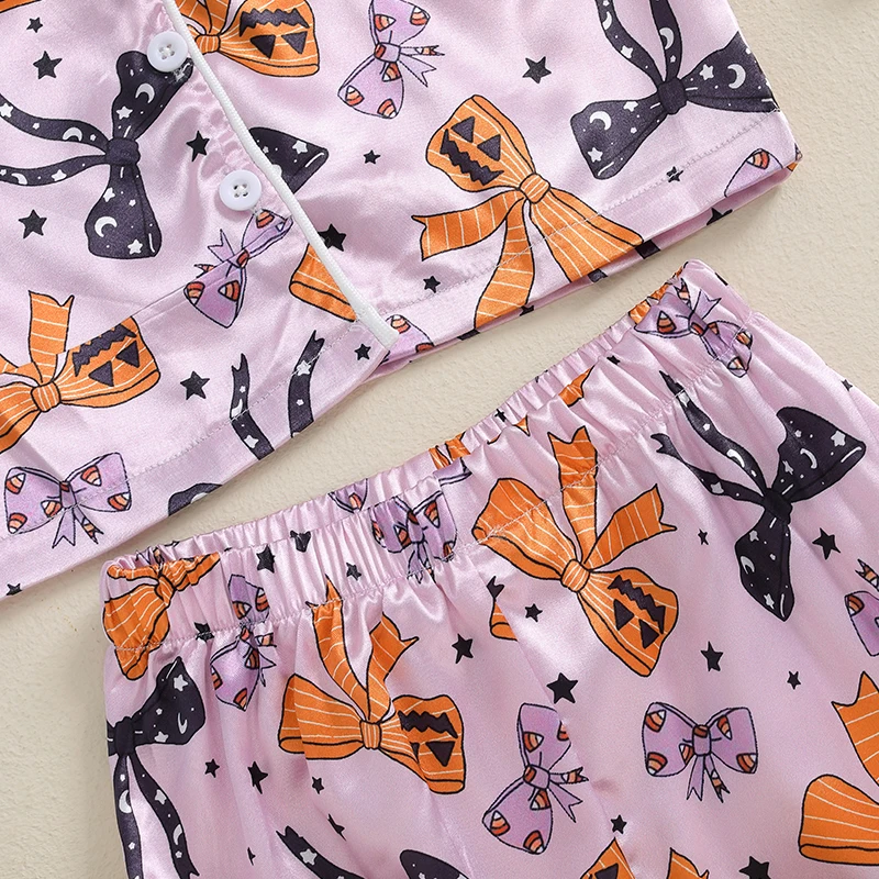 2024-06-13 Lioraitiin Little Girls Halloween Pajama Set, Bow Print Long Sleeve Button Down Tops Elastic Waist Pants Set for Fall