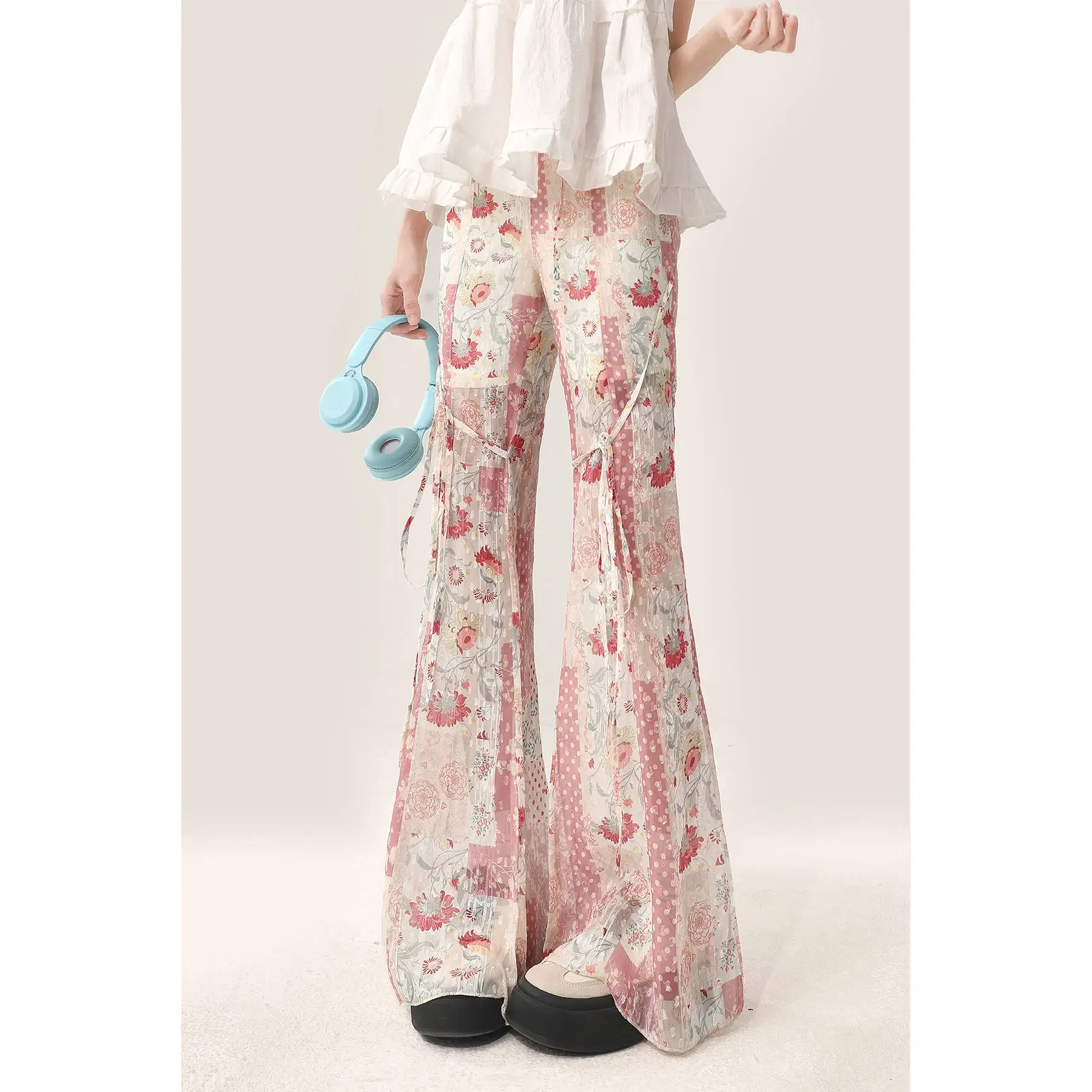 Pink Ice Silk Micro Flared Pants For Women In Summer Thin And Cool, Casual High Waisted Flared And Slim Pants