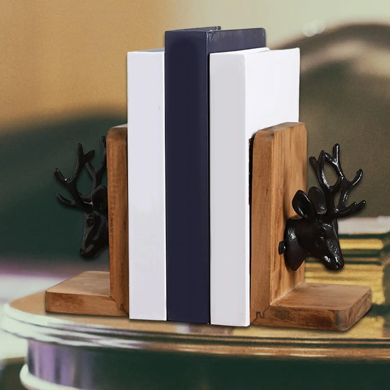 2Pcs Elk Bookends Holders Wooden Desk Organizer Book Stoppers Reindeer Book Organizer for Magazines Cookbooks Desk