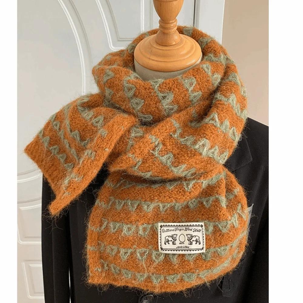 Thick Wool Blend Scarf Korean Style Cold Proof Pumpkin Color Knitted Scarf 170cm x 25cm Fall Winter Neck Warmer For Women