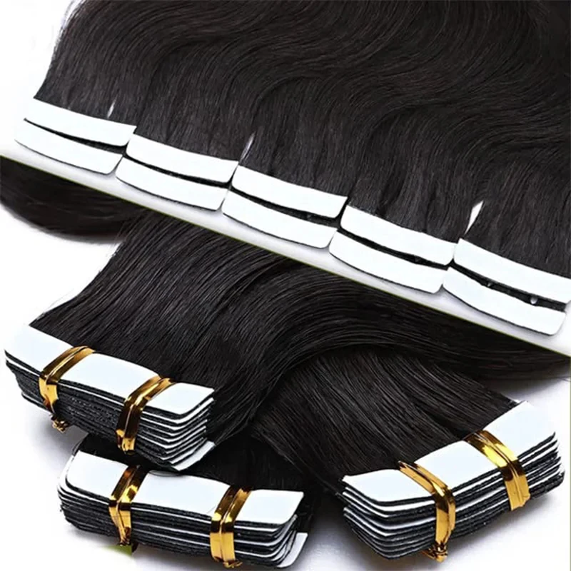 Body Wave Tape In Hair Extensions Human Hair Wavy Tape In Extension 20/40Pcs Per Pack Natural Black Invisible Tape Ins Extension