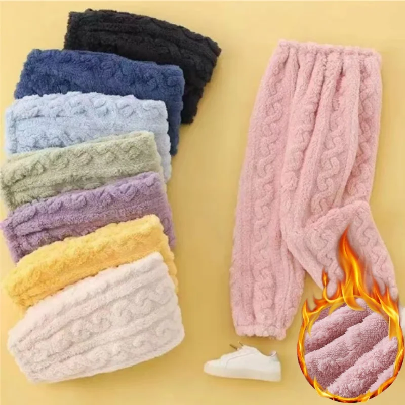 

Cozy Women Fleece Pajama Bottoms Winter Thermal Lounge Pants Thick Coral Plush Trousers Elastic Cuffs Outdoor Sleepwear
