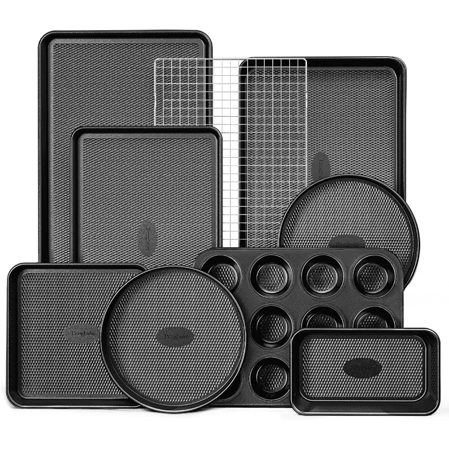 

9-Piece Baking Pans Set Nonstick, Stackable Non Toxic Bakeware Sets with Diamond Texture, Oven Pan Set for Cooking, Includes Coo