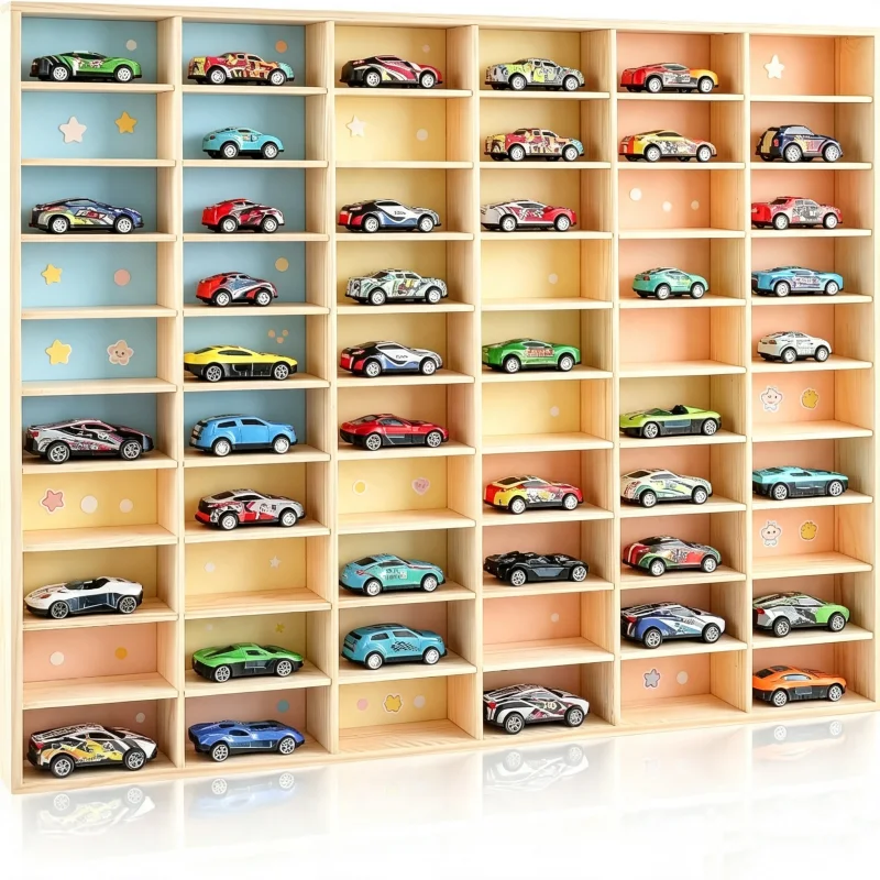 Toy Car Display Case, Solid Wood Storage Box with 60 Compartments | Mini Car Collection Organizer, Gift Display Shelf Car Lovers