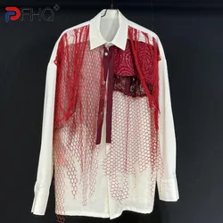 PFHQ Design Autumn Winter New Beige Patchwork Hollow Mesh Long Sleeved Shirt 2024 Contrast Color Male Tops Fashion 21Z5931