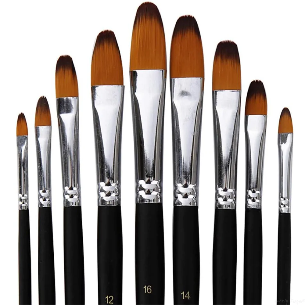 9pcs Filbert Long Handle Artist Paint Brush Set, Quality Synthetic Hair and Wooden Handle for Acrylic Watercolor Oil Painting, G