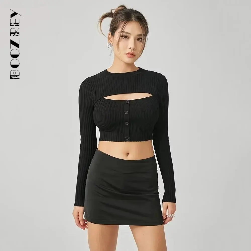 BoozRey 2022 Autumn and Winter O-neck Chest Hollow Out Knit Shirt Female Stretch Repair High Waist Navel-less Knitted Tops