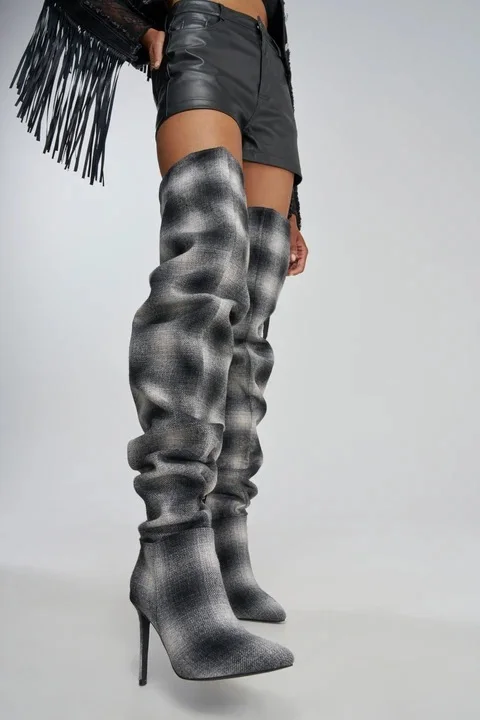 2026 Grid Women Over The Knee Boots - Ladies Pointed Toe Heels-Designer Checkered Fashion Boots Ladise Plus US Size 44