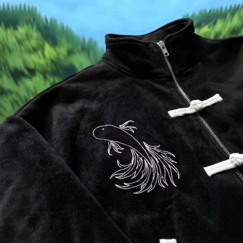 QICHE Chinese style anime sweatshirt with koi fish button design, unisex autumn sports shirt