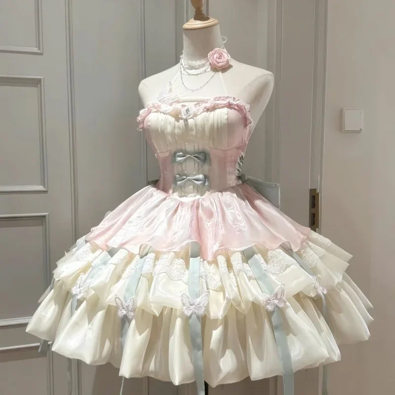 

Sweet Lolita Neck Mounted Fluffy Skirt Dress Women Bow Tie Ribbon Dresses Princess Patchwork Cake Vestidos Summer 2025 Hot Sale