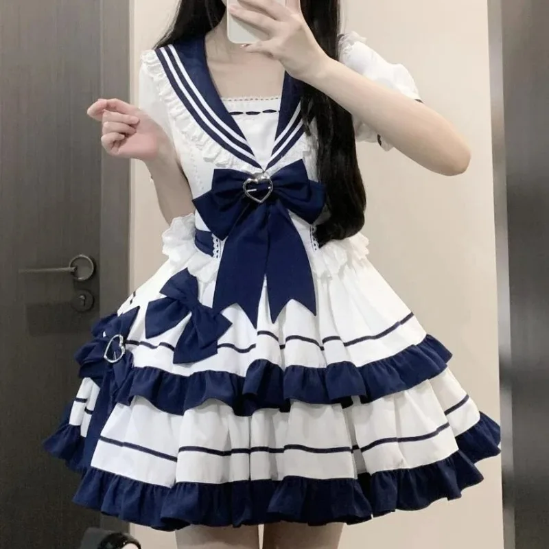 Women Sweet Bow Japanese Kawaii Lolita Style Op Dress Sailor Collar Short Sleeve Dresses Preppy Style Princess Party Mini Dress