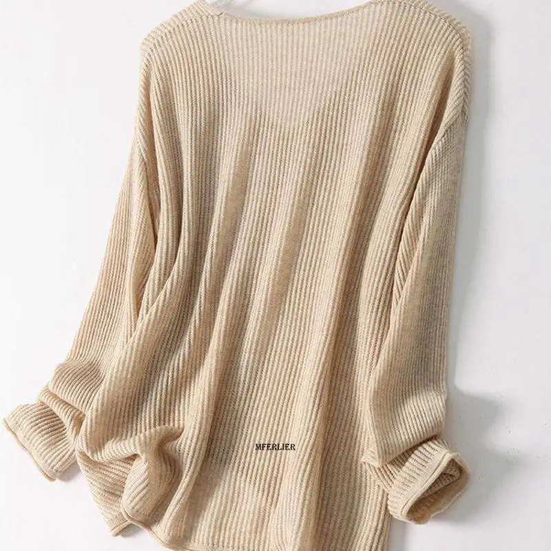 Plus Size 6XL 150KG Autumn Women Sweater Long Sleeve V Neck Casual Loose Hollow Solid Color Sweater Black Beige Loose Coat