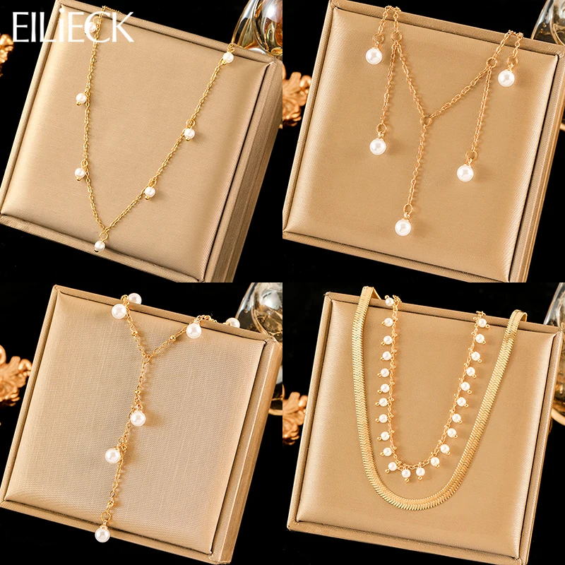 EILIECK 316L Stainless Steel Pearl Tassel Pendant Necklace For Women Fashion Collar Neck Chain Waterproof Jewelry Birthday Gift