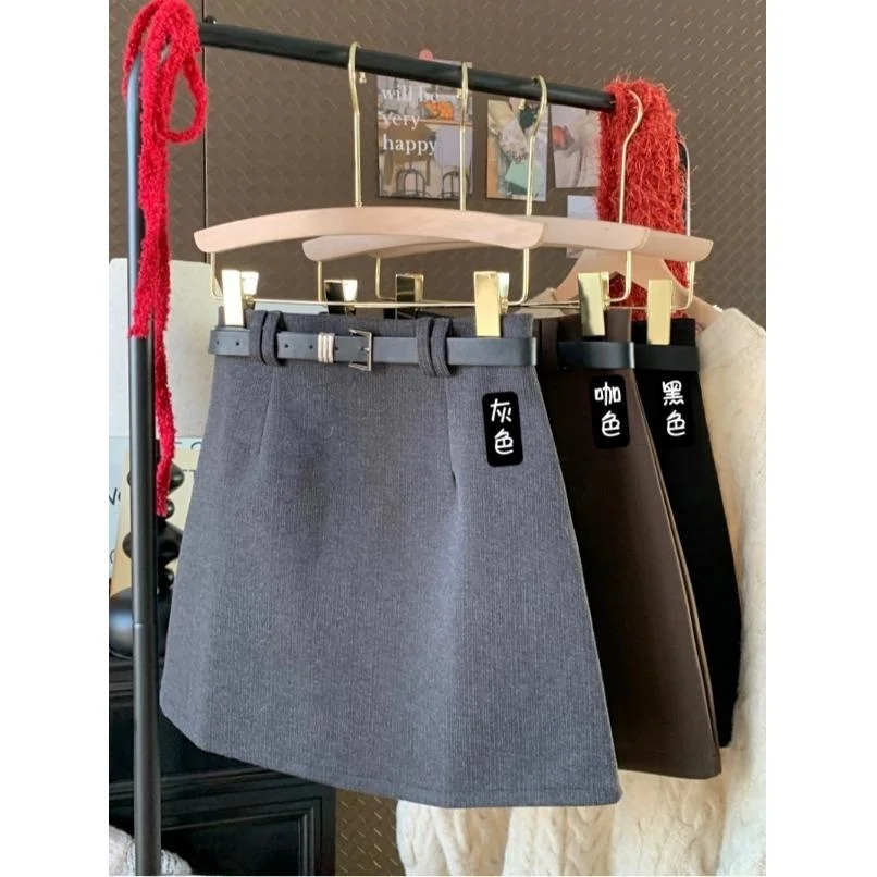 Caramel Woolen High Waist A-Line  Skirt Women's Fashionable Vintage Winter Short Skirt Anti-Light Walking Skirt
