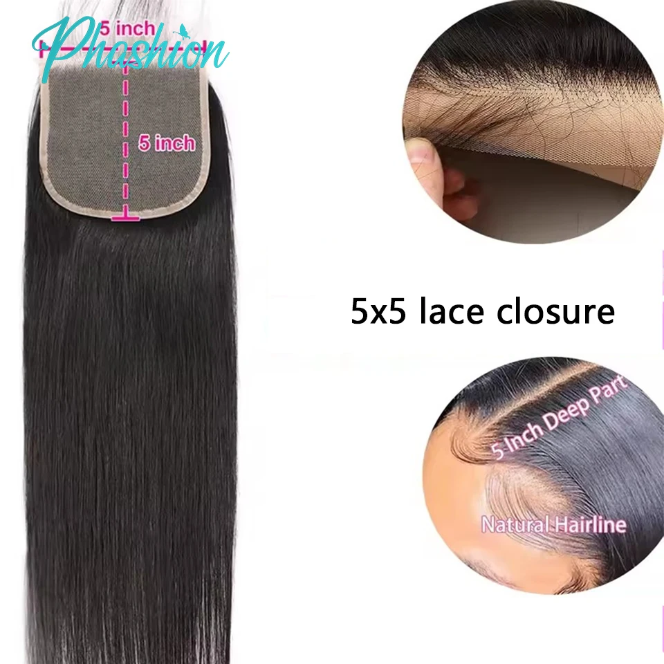 Phashion 24 26 Inch 5x5 4x4 Straight Lace Closure Only Pre Plucked Swiss HD Transparent Lace 100% Remy Human Hair On Sale