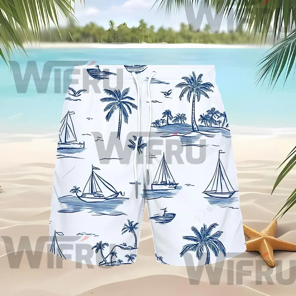 WIFRU Men's Breathable Holiday Hawaiian Beach Shorts Classic Palm Tree Pattern Casual Shorts Summer Loose Drawstring Swim Trunks