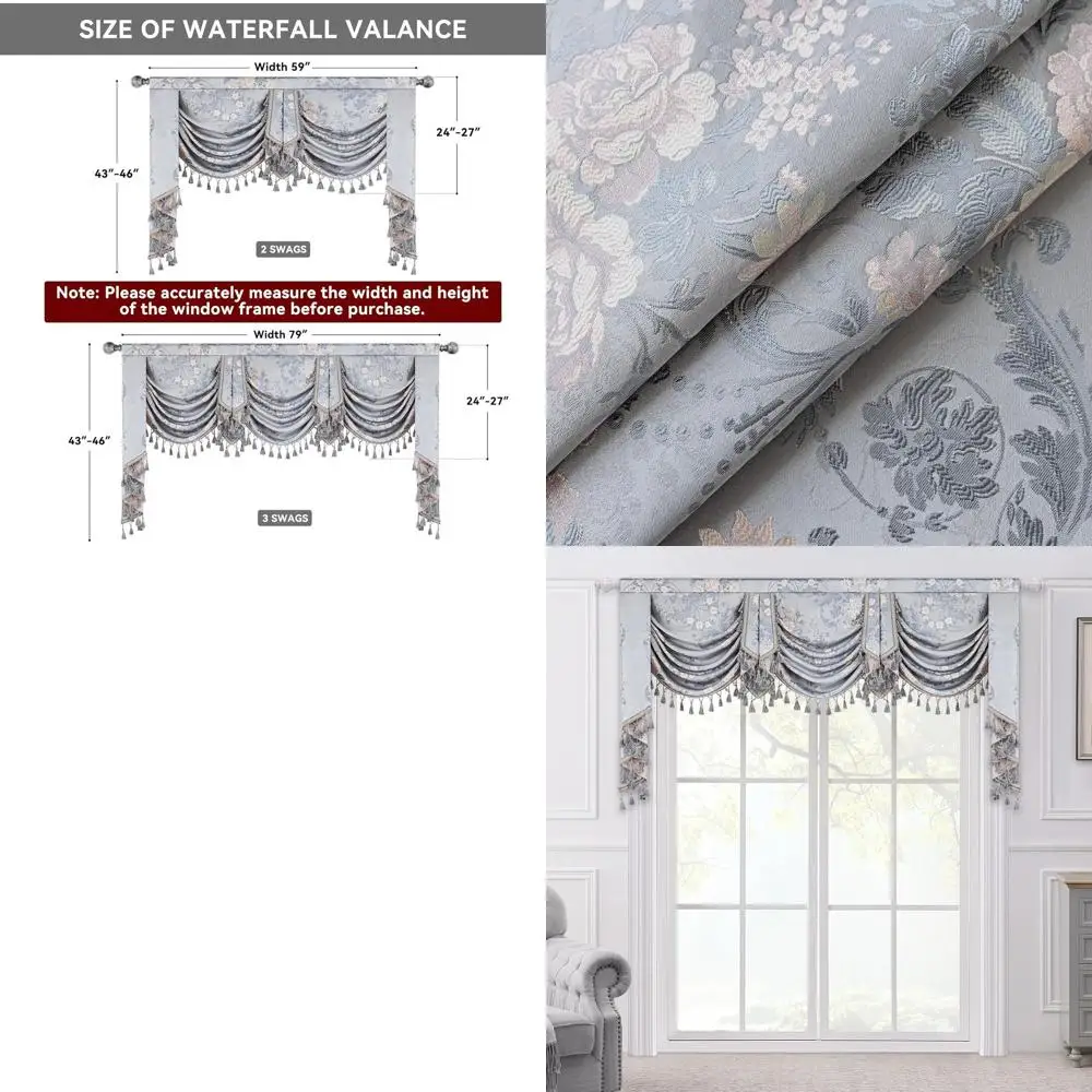 

Elegant Blue Grey Jacquard Swag Valance with Tassels, European Floral Design for Living Room and Bedroom, Suitable for Banquet a