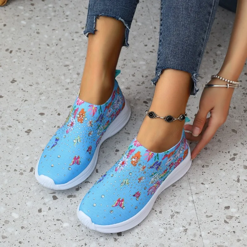 Large Size 35-43 Casual Women's Shoes New Fashion Running Shoes Printed with Floral Rhinestones for Casual Sports Zapatos Mujer