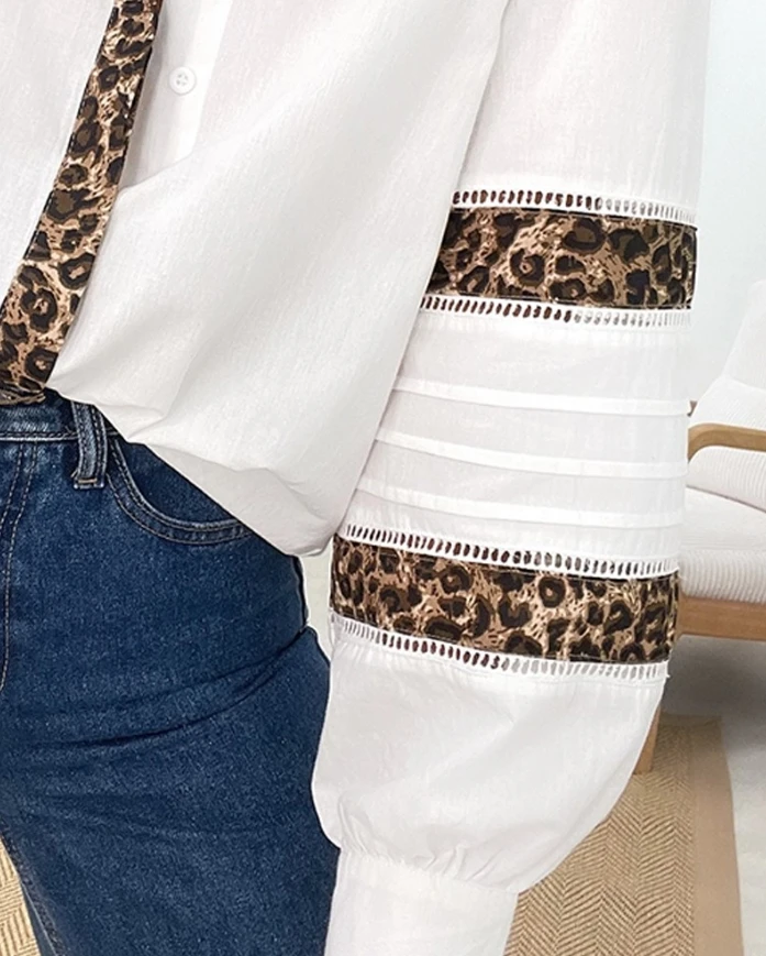 Leopardo impressão babados gola alta escavada manga comprida botão até camisa frontal para camisa casual elegante feminina