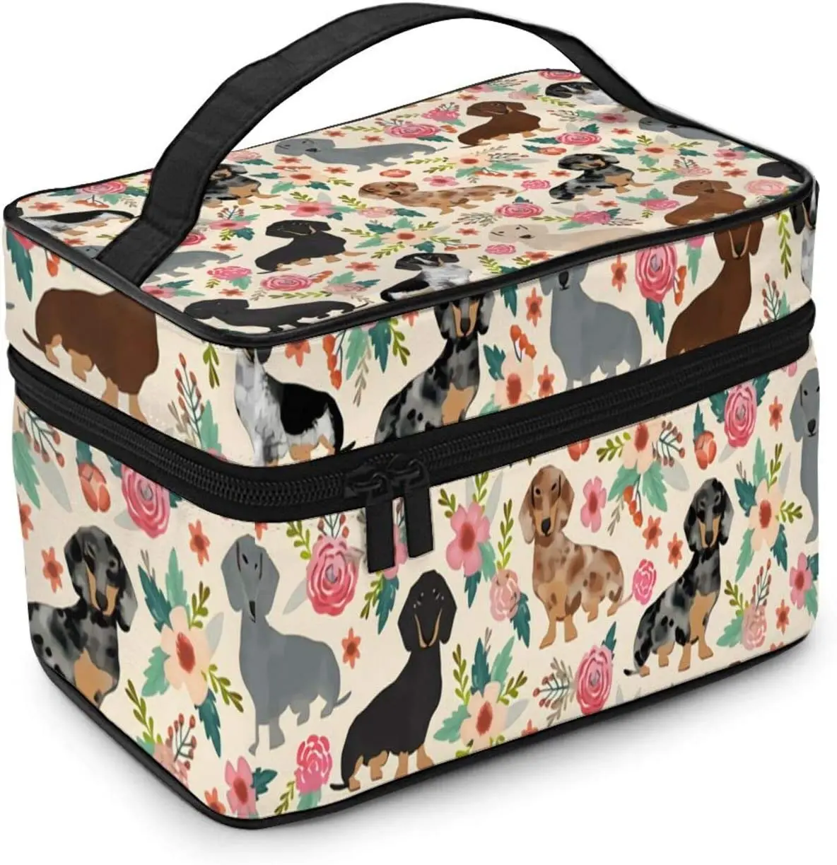 Dachshund Dogs Pink Flowers Makeup Bag Large Cosmetic Bag for Women Portable Travel Toiletry Bags Organizer