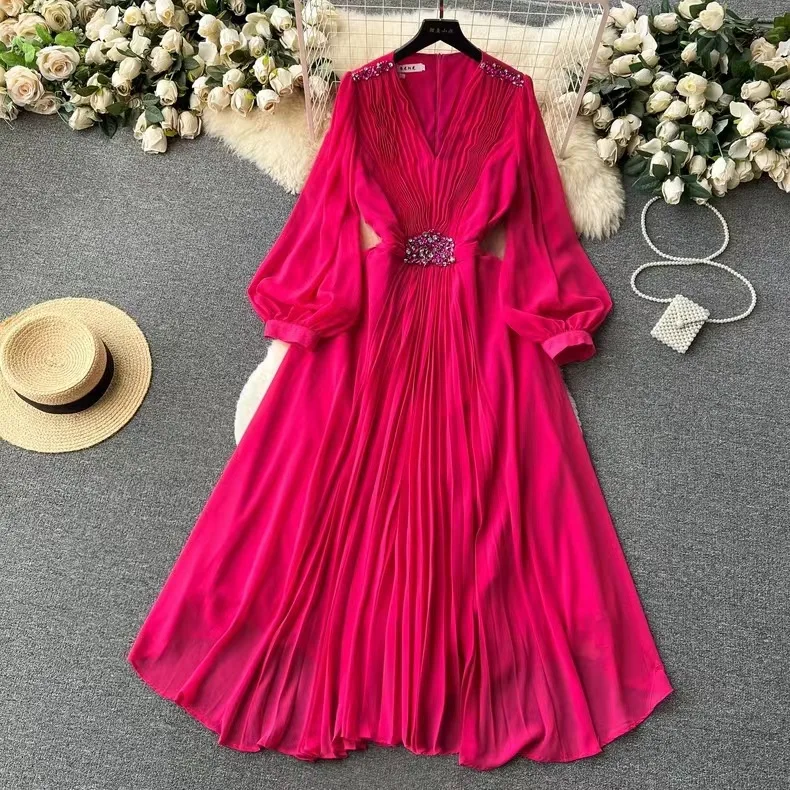 

Elegant Ankle Length Dress Lantern Sleeve Spliced Diamonds Women Dress V Neck Solid Loose Pullover Shirring 2024 Vestidos