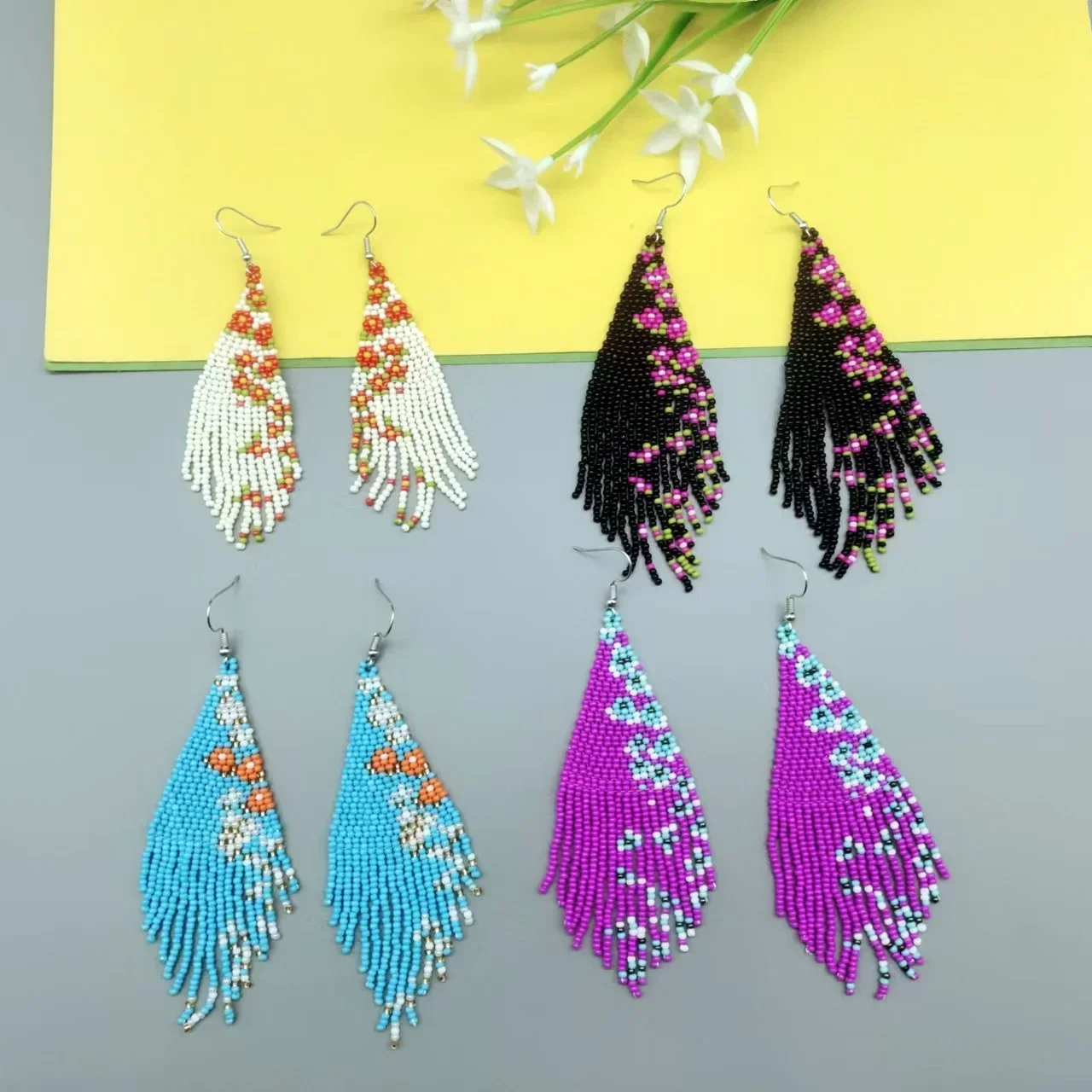 Beaded earrings Tassel Astral Gradient color Exquisite Hand knitting Bohemia Alloy Tide Simple Female Rice bead earrings