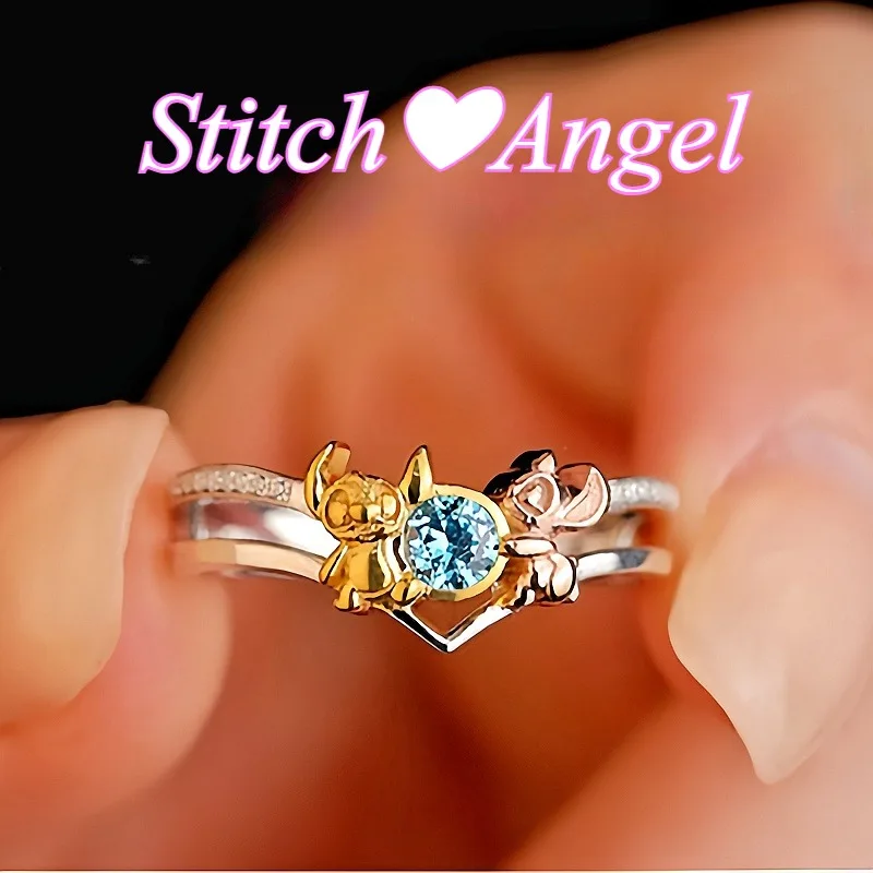 Lilo and Stitch Disney Cartoon Character Accessories Stitch Loves Angel Ring Kawaii Open Ring Couple Cute Fashion Holiday Gift